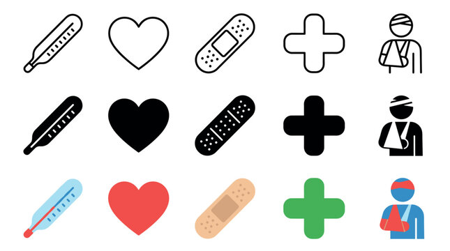 Medical icons and health symbols collection showcasing essential healthcare elements such as thermometers, hearts, bandages, crosses, and injured patients.