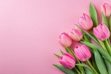 Obraz premium A delicate arrangement of vibrant pink tulips with green leaves on a soft pink background