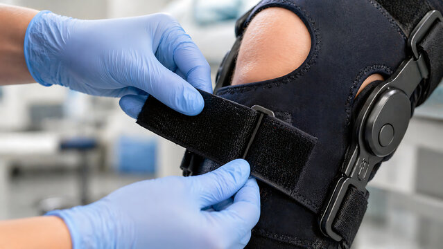 Close-Up of Adjustable Knee Brace Being Secured for Joint Support and Rehabilitation