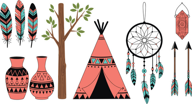 Native American Tribal Elements Set Featuring Teepee Dreamcatcher Feathers Arrows Pottery and Decorative Symbols in Ethnic Boho Style for Cultural Illustration Design.