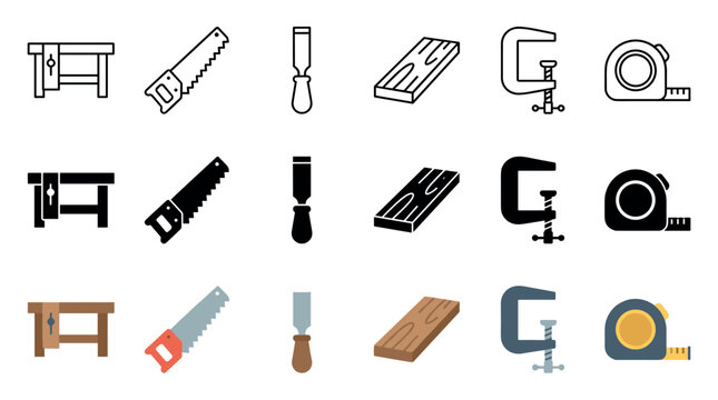 Various woodworking tools and equipment icons presented in a collection of outline, solid, and flat design styles for construction projects.
