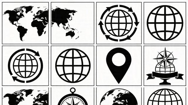 layout consisting of 16 square sections, each containing a black and white icon on a white background. The icons are primarily globe-themed, featuring various representations of the Earth and global s