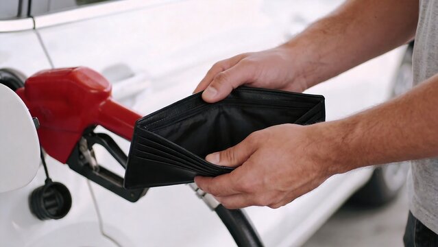 Person holding empty wallet at gas station