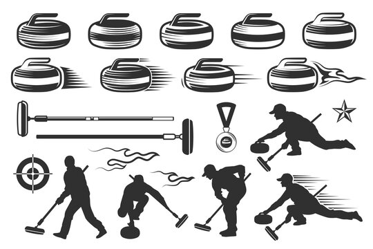 Curling icons. Athletes silhouettes in different poses, round granite stones, brushes and brooms for ice, team sport game, minimal black elements for logotype and emblem, tidy vector set