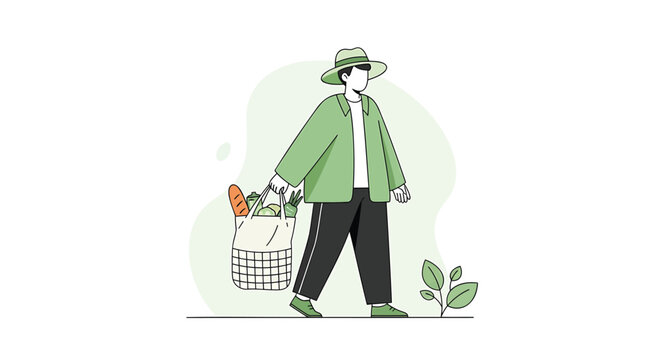 Eco friendly shopping, sustainable lifestyle, green consumer, cartoon farmer