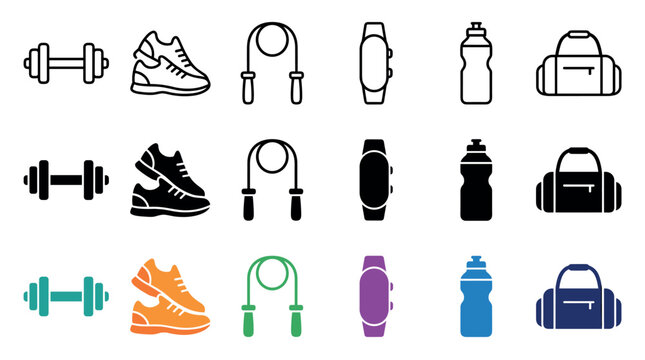Fitness equipment icons collection featuring various gym accessories and workout gear in outline, solid, and colorful styles for health and exercise concepts.