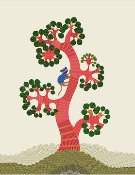 A cat climbing a tree in a Gond Art, Maharashtra
