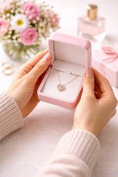 Close-up of hands opening jewelry box with necklace, Mother&rsquo;s Day gift concept, soft natural light, elegant and minimal composition.