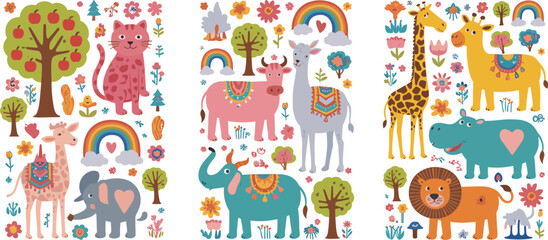 Fototapeta premium Cute cartoon farm animals and nature elements illustration