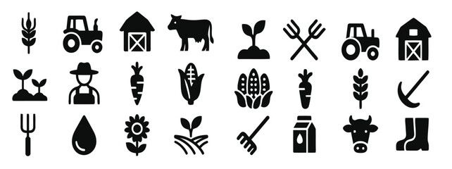 Obraz premium Agriculture and farming icon set, black solid silhouettes of tractor barn and cow, organic food and gardening vector elements for infographics