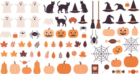 Fototapeta premium Halloween Icons Collection With Ghosts Cats Pumpkins And Spiders