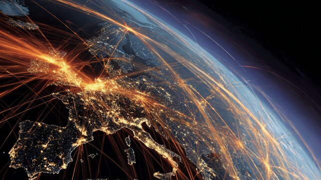 Aerial view of Europe at night, with glowing lines representing global connections, showcasing urban sprawl and a curved horizon