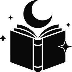 Naklejka premium Black silhouette of an open book with a crescent moon and four-pointed stars above