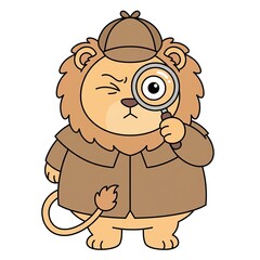 Obraz premium Cute Baby Lion Detective looking through Large Magnifying Glass at Footprint, Flat Vector Mascot Isolated on White Background
