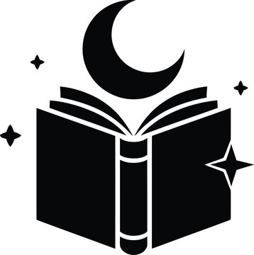 Black silhouette of an open book with a crescent moon and four-pointed stars above