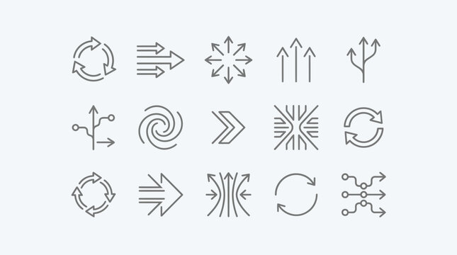 Icon set for process and workflow visuals featuring arrows, cycles, gears, and data flow for UI/UX design, infographics, and automation concepts.