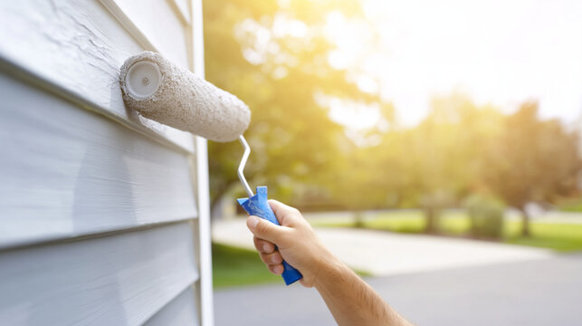 A person painting a house with a roller in a sunny outdoor setting