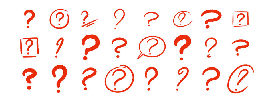 Hand drawn question mark doodle and exclamation icon sketched with brush strokes, perfect for FAQ design, quiz backdrop and interrogation symbol. Vector texture crayon set