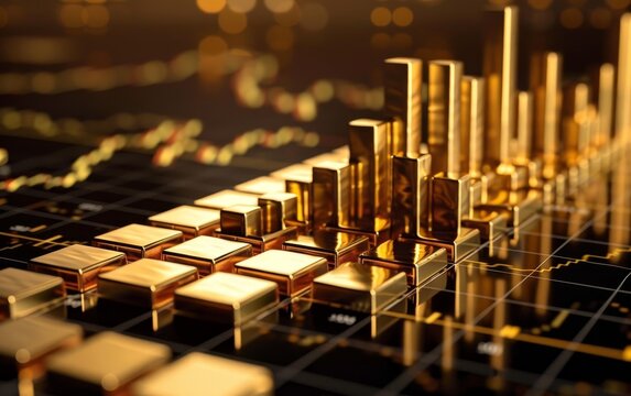 Stock market graph made of gold bars on black background. 3d render cinema4d blender redshift style.