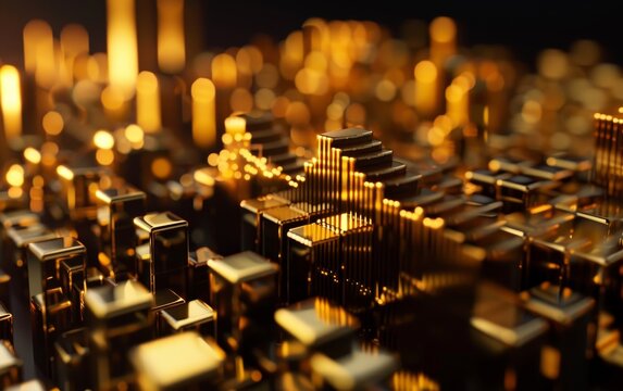 Stock market graph made of gold bars on black background. 3d render cinema4d blender redshift style.