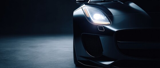 Fototapeta premium The sports car front headlight and aggressive bumper in dramatic studio lighting