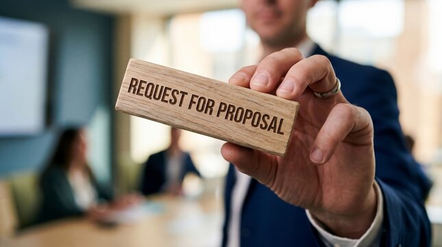 Business professional holding wooden block with Request for Proposal text.