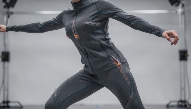 Medium shot of prototype apparel integrating selfhealing fibers that activate microcapsules to mend fabric tears dynamically during movement and stress tests.