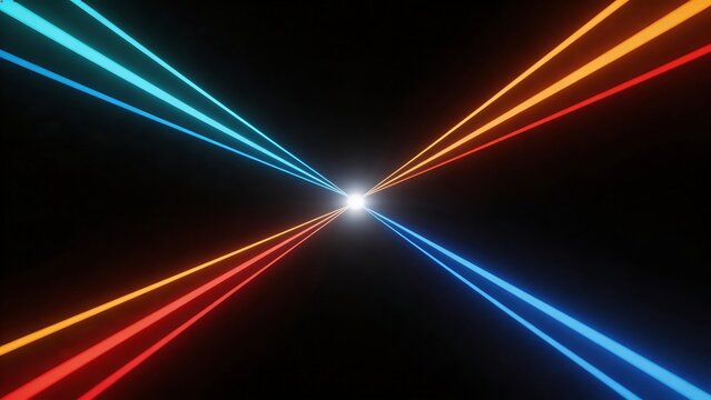 Colorful light beams converging in space