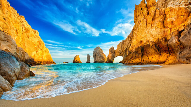 A serene beach scene with large rock formations and calm ocean waters