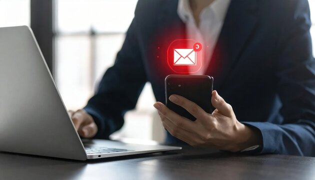 Businesswoman checking new email notification on smartphone at desk with laptop, communication and digital message alert, urgent inbox update