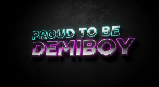 Image with cyan and magenta glossy letters on a dark, textured background, representing gender identity and self-affirmation, perfect for LGBT concepts
