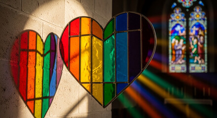 Fototapeta premium Close-up of rainbow-colored, stained glass heart casting colored shadows, representing love, diversity, and inclusivity, with a religious window