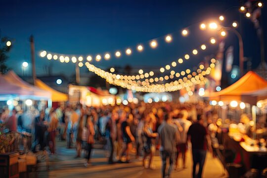 Crowd at a lively outdoor market illuminated by string lights at dusk