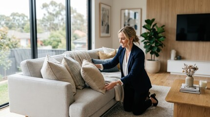Fototapeta premium Real estate agent arranging decorative pillows on a sofa in a modern living room with soft background blur enhancing focus on furniture layout.