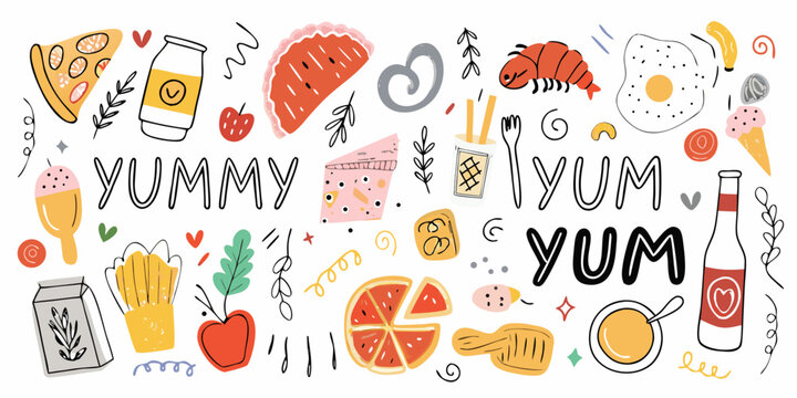 Colorful doodle illustration featuring various foods and the words yummy and yum