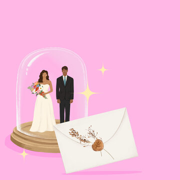 Wedding invitation background, pink bride and groom