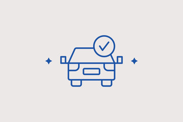 Car with a checkmark line icon for vehicle diagnostics and successful technical inspection. Informative Vector Illustration for car rental approval screens and maintenance service apps. © HenryFord