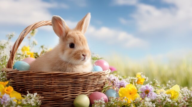 Fluffy bunny sitting in a woven basket filled with colorful painted eggs. Springtime meadow with flowers for Easter holiday celebration. Nature landscape and festive animal concept.