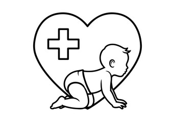 Obraz premium A delightful black and white illustration of a baby with a heart and medical cross, symbolizing healthcare and newborn care