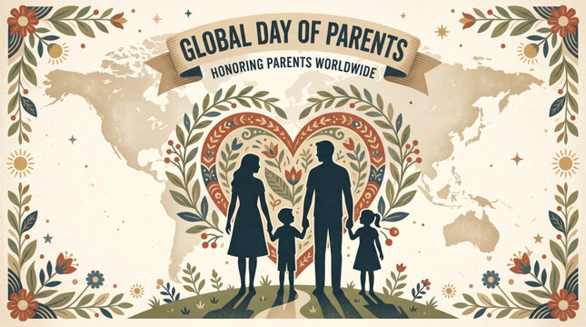 Global parents day artwork showing family silhouettes within heart and floral elements over world map background expressing love unity and appreciation for greeting and awareness vector illustration