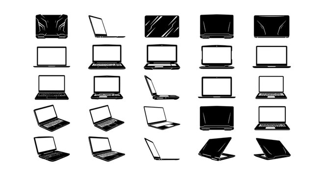 Laptop computer silhouette icons set, 25 black notebook vector elements, portable pc hardware graphics in various angles for tech design