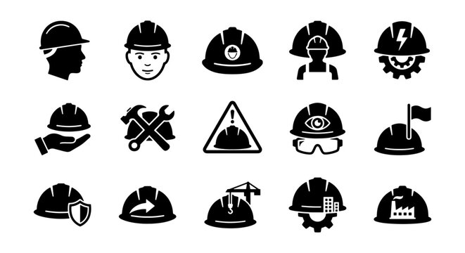 Industrial safety helmet icons set, construction hard hat vector symbols, 15 black silhouette head protection signs for engineering and site labor