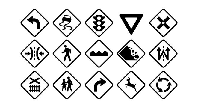 Road sign icons set, 15 black and white traffic warning symbols, flat vector illustration of highway safety signage and street navigation elements