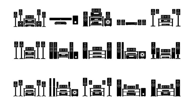 Home theater system icons, 15 black silhouette audio equipment sets, surround sound speaker configurations, hi-fi entertainment vector collection