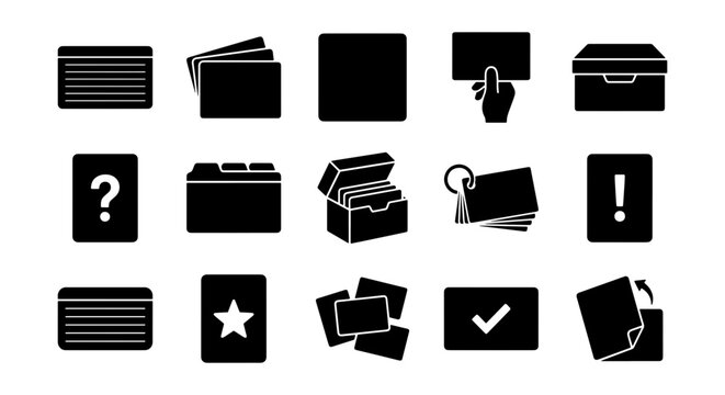 Minimalist flashcard icon set, 15 black solid vector symbols for education and study, index card and filing box icons for data organization