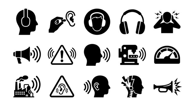 Noise pollution and hearing protection icons, 15 industrial sound safety vector elements, ear health and loud volume warning symbols