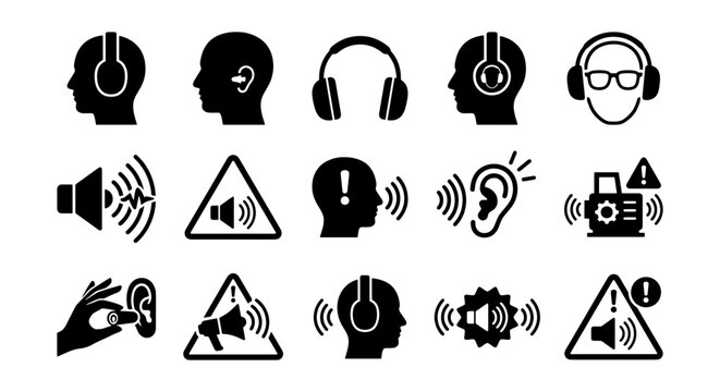 Hearing protection and noise safety icons, 15 black vector symbols for industrial ear health, auditory warning signs and earplug equipment