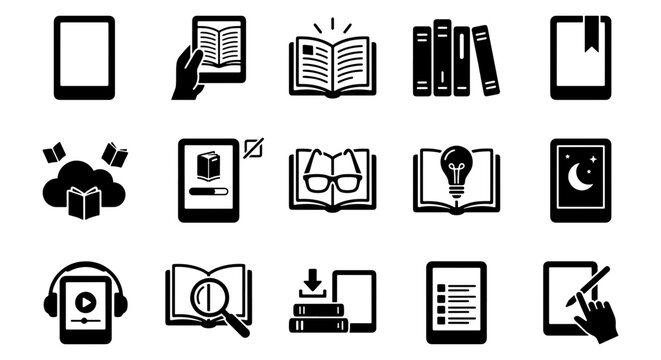 E-book and digital reading icons set, 15 black vector symbols for online library and education, electronic book reader and tablet app interface elements