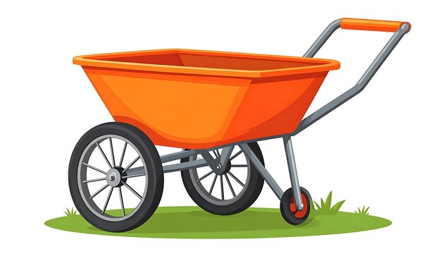 Orange garden cart with black wheels on a green patch, illustrated, angled perspective, against a white background