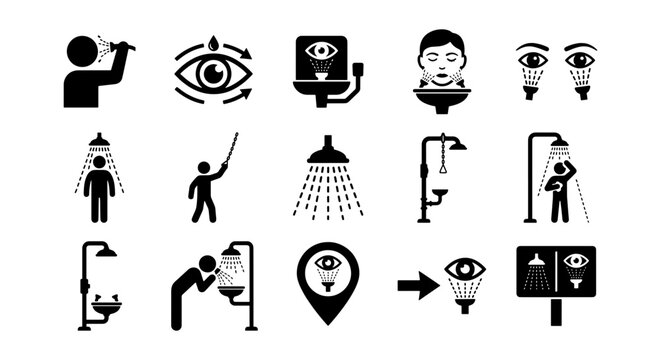 Emergency eye wash station and safety shower icons set, 15 industrial first aid pictograms, laboratory chemical splash protection symbols